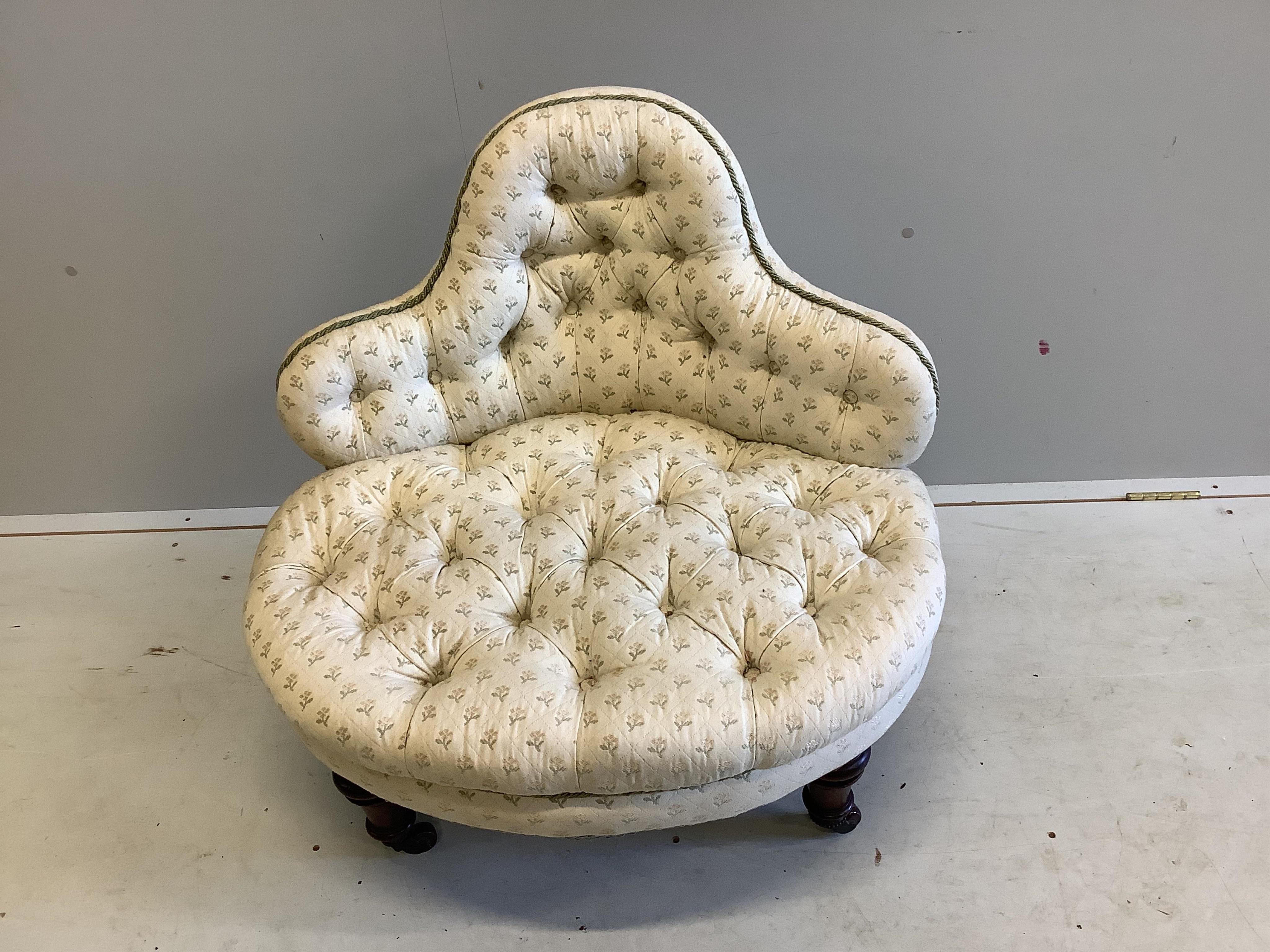 A Victorian deep buttoned back corner nursing chair, width 78cm, height 72cm. Condition - fair to good